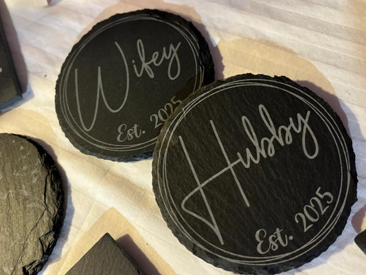 Hubby & Wifey Wedding Slate Coasters